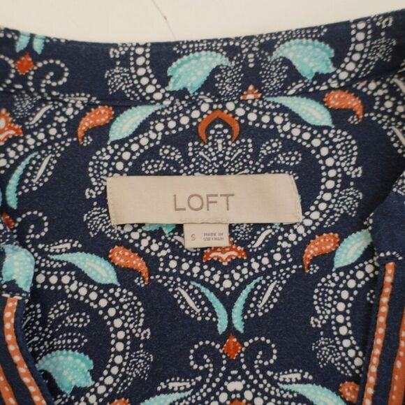 Ann Taylor Loft Blue Teal V-Neck Long Sleeve Floral Paisley Top Small Rayon - Picture 8 of 9